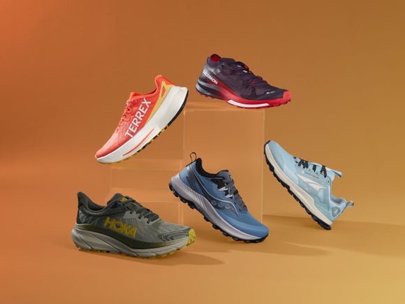 5 single trail shoes arranged stacked and angled, featuring adidas Terrex Agravic Speed Ultra, Salomon S-Lab Ultra 3 v2, HOKA Challenger 7, Saucony Peregrine 14, and Altra Lone Peak 8